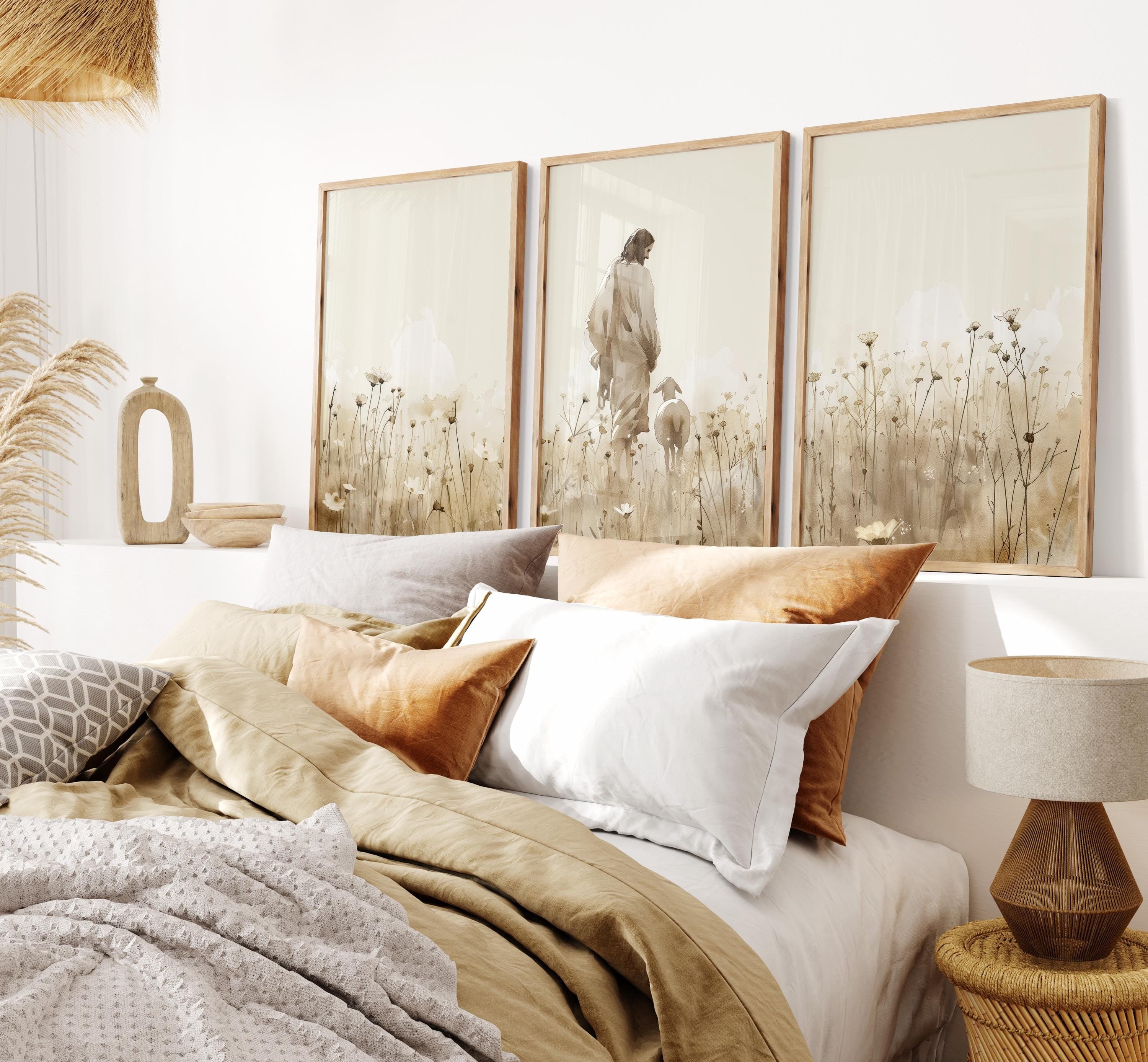 Jesus & Lost Sheep on a Wild Flower Field, Set of 3, Beige Bible Prayer, Christian Faith Shepherd, God Follower